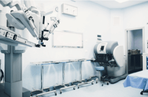 Robotic technology equipment machine arm surgeon in futuristic operation room.